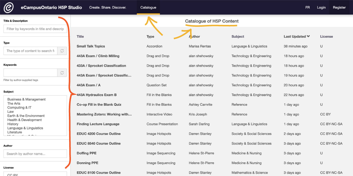 Search the catalogue in eCampus Ontario H5P Studio website
